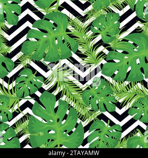 Vector seamless pattern with tropical leaves on abstract white black geometric zigzag background. Cute bright and fun summer floral background. Jungle Stock Vector