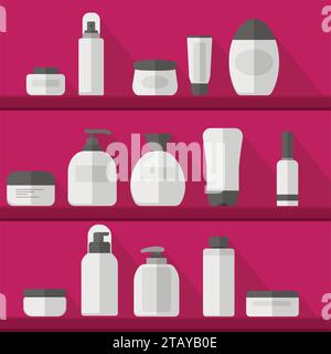 Cosmetic on shelves. Set vector blank templates of empty and clean white plastic containers - bottles with spray, dispenser and dropper, cream jar, tu Stock Vector