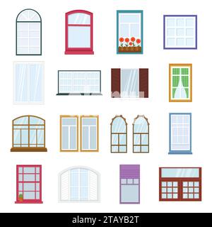 Colorful windows set. Collection of house construction. Interior windows of various forms in flat style. Architecture design outdoor or exterior view Stock Vector