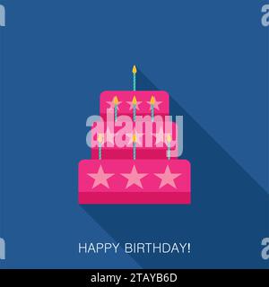Cake with cream flat icon with long shadow isolated on blue background. Happy Birthday and Wedding. Glazed cake with candle and stars. Sweet cream pie Stock Vector