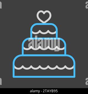Stacked wedding cake dessert with heart topper isolated on dark background icon. Vector illustration, romance elements. Sticker, patch, badge, card fo Stock Vector