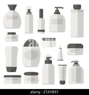 Set vector blank templates of empty and clean white plastic containers bottles with spray, dispenser and dropper, cream jar, tube. Cosmetic vector ill Stock Vector