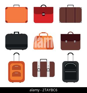 Handle bags and travel suitcases in flat style. Set of colored luggage and suitcase, baggage and bag for trip and tourism isolated on white background Stock Vector