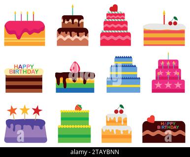 Wedding or Birthday vector pie cakes icons set. Cake sweets dessert bakery in flat style. Delicious isolated on white background. Vector illustration Stock Vector