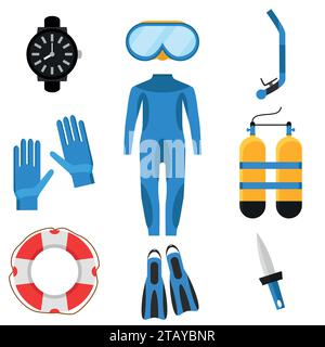 Collection of scuba diving. Diver wetsuit, scuba mask, snorkel, fins, oxygen cylinders, lifebuoy, flippers icons. Underwater activity diving equipment Stock Vector