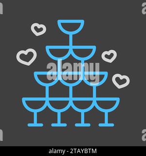 Wedding pyramid from glasses isolated on dark background icon. Vector illustration, romance elements. Sticker, patch, badge, card for marriage, valent Stock Vector