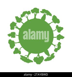 Ecology concept with green Eco planet and trees. Silhouette Earth globe with environment elements around. Eco friendly. Vector illustration Stock Vector