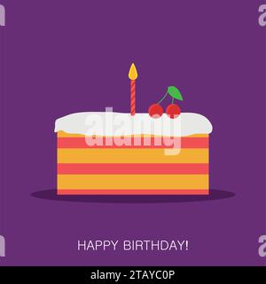 Birthday cake with cream flat icon on purple background. Glazed cake with candle and cherry. Sweet cream pie. Vector illustration Stock Vector