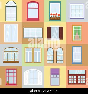 Colorful windows set. Collection of house construction. Interior windows of various forms in flat style. Architecture design outdoor or exterior view Stock Vector