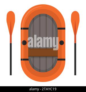 Inflatable boat with paddles isolated on white background. Orange rubber boat swim and oars in flat style. Vector Illustration Stock Vector