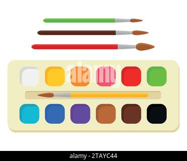 Set of bright watercolor paints in box with paint brushes. Colorful palette. Tools and accessories for designer, illustrator, artist. Artistic creativ Stock Vector