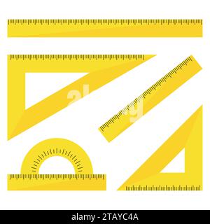 Set of yellow plastic rulers isolated on white background. Ruler, triangle ruler, protractor for school and business. Vector Illustration Stock Vector