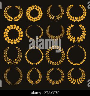 Set of silhouettes of golden laurel wreaths. Gold Wreath vector icons different shapes isolated on white background. Victory, triumph and rewarding. Stock Vector