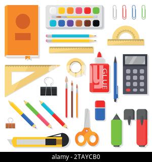 Stationery icons set - rulers, pens, pencils, markers, brushes, paints, watercolor, calculator and other items. School and office supplies Stock Vector