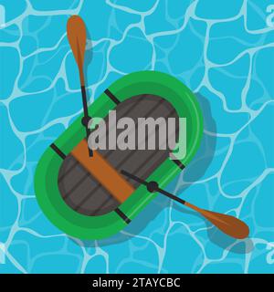 Inflatable boat with paddles on water. Top wiev green rubber boat swim and oars in flat style. Vector Illustration Stock Vector