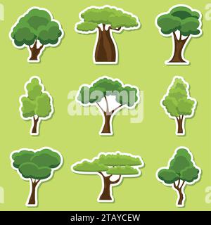 Set of flat stylized Tree stickers. Cartoon garden green tree icons. Nature environment organic forest and park. Spring or summer trees stickers. Stock Vector