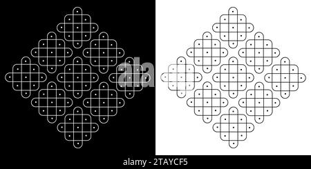Rangoli or muggu or kolam is an art form originating in the Indian subcontinent. Patterns are created on the floor or the ground using materials such Stock Vector