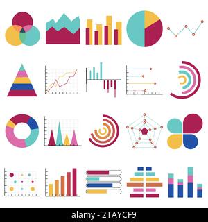 Business data graphs. Financial and marketing charts. Market elements dot bar pie charts diagrams and graphs. Business infographic flow sheet diagram. Stock Vector