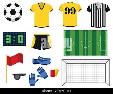 Soccer or european football flat icons set. Uniform, ball, football goal, soccer field, shoes and gloves isolated on white background. Tournament Stock Vector