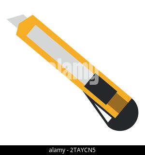 Yellow stationery knife isolated on white background. Office tool icon paper cutter knife in flat style. Vector illustration Stock Vector