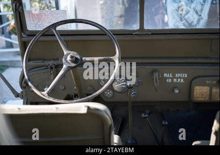 Detail of a clasinterior view of an original WWII American Willys Jeep parked on the street Stock Photo