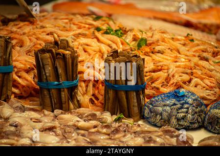 Enjoining diversity of fresh seafood on Atarazanas Central Market Stock Photo