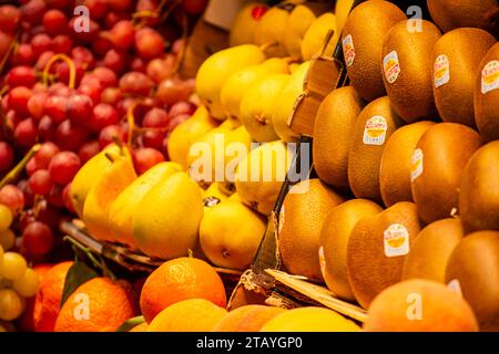 Enjoining diversity of fresh fruits on Atarazanas Central Market in Malaga, Spain Stock Photo