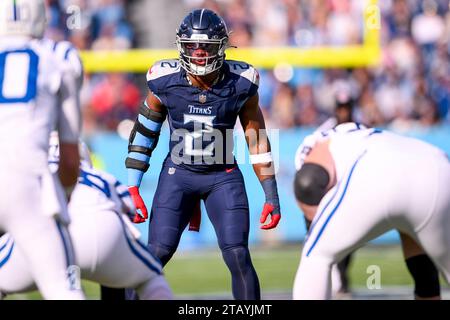 December 3, 2023: Tennessee Titans linebacker Azeez Al-Shaair (2) stares into the backfield against the Indianapolis Colts during the first half of an NFL game between the Indianapolis Colts and Tennessee Titans at Nissan Stadium in Nashville TN Steve Roberts/CSM Stock Photo