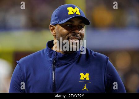 Indianapolis, Indiana, USA. 02nd Dec, 2023. Michigan offensive coordinator Sherrone Moore during pregame of NCAA football game action between the Michigan Wolverines and the Iowa Hawkeyes at Lucas Oil Stadium in Indianapolis, Indiana. John Mersits/CSM/Alamy Live News Stock Photo