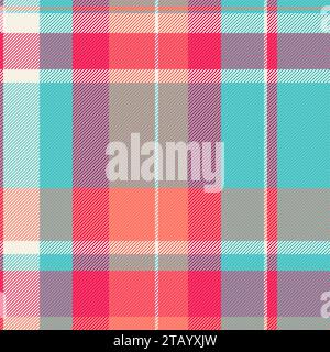 Background plaid texture of check pattern fabric with a textile tartan vector seamless in cyan and red colors. Stock Vector