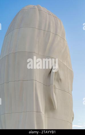 MADRID, SPAIN - SEPTEMBER 15, 2019: Sculpture 'Julia' made of polyester resin and white marble powder by the artist Jaume Plensa, located since 2018 i Stock Photo