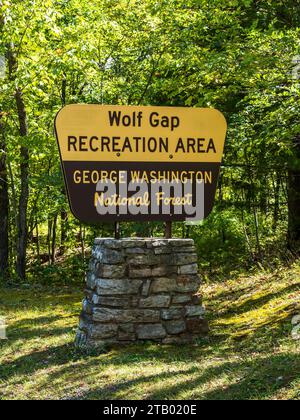 The Wolf Gap Recreational Area sign stands proudly in the George Washington National Forest, on the divide between West Virginia and Virginia. Stock Photo