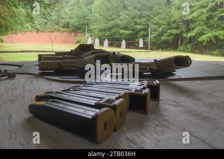 Members of the 117th Air Refueling Wing qualify on the M-18 handgun at the Magic City Gun Club in Birmingham, Alabama, August 4, 2023. The qualification consisted of two rounds of shooting from various distances. (U.S. Air National Guard photo by Staff Sgt Nicholas Faddis) Stock Photo