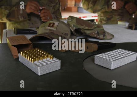 Members of the 117th Air Refueling Wing qualify on the M-18 handgun at the Magic City Gun Club in Birmingham, Alabama, August 4, 2023. The qualification consisted of two rounds of shooting from various distances. (U.S. Air National Guard photo by Staff Sgt Nicholas Faddis) Stock Photo