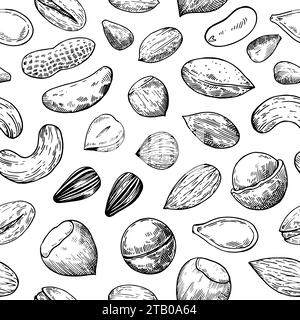 Seamless pattern with nuts and seeds. Sketch drawing in engraving style. Vector illustration. Stock Vector