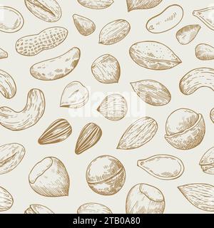 Seamless pattern with nuts and seeds. Sketch drawing in engraving style. Vector illustration. Stock Vector