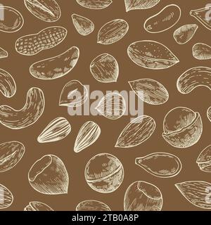 Seamless pattern with nuts and seeds. Sketch drawing in engraving style. Vector illustration. Stock Vector