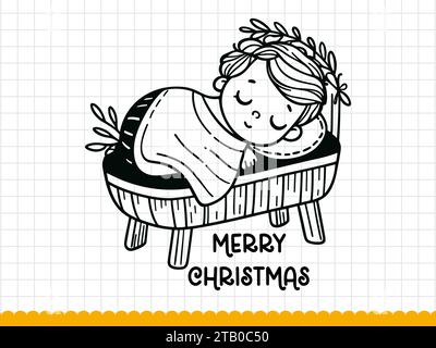 Black line art baby Jesus sleeping in manger. Vector illustration. Stock Vector