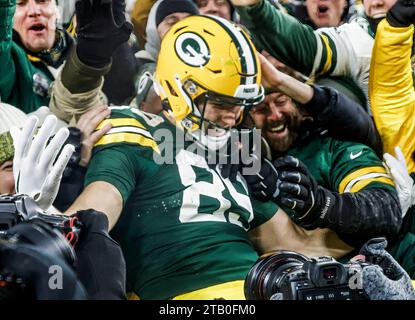 Green Bay, United States. 03rd Dec, 2023. Green Bay Packers tight end Ben Sims does the Lambeau Leap after scoring a touchdown during the the NFL game between the Kansas City Chiefs and the Green Bay Packers at Lambeau Field on Sunday, December 03, 2023. Photo by Tannen Maury/UPI Credit: UPI/Alamy Live News Stock Photo