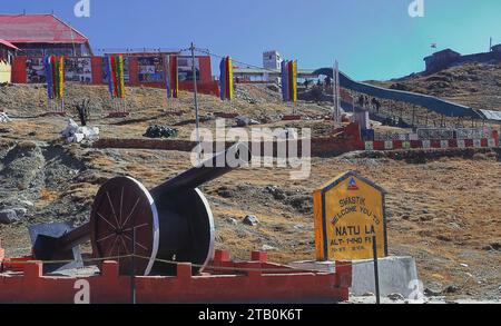 india china international border at nathu la pass, the high-altitude mountain pass is located in east sikkim in india Stock Photo