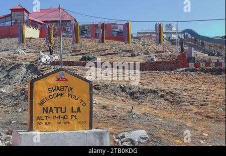 india china international border at nathu la pass, the high-altitude mountain pass is located in east sikkim in india Stock Photo