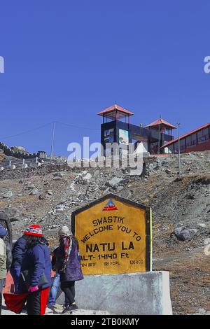 india china international border at nathu la pass, the high-altitude mountain pass is located in east sikkim in india Stock Photo