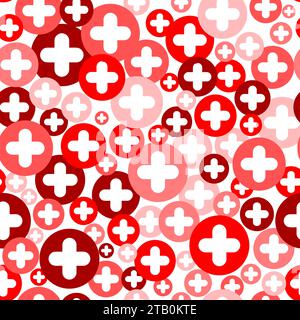 Plus cross pattern. Abstract medical seamless background. Vector hospital and healthcare geometric symbol. Simple red elements on white backdrop. Stock Vector