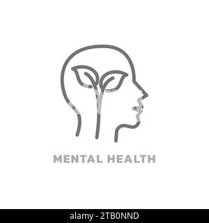 Mental health line vector icon. Human head profile and flower leaf, editable stroke mind symbol. Stock Vector