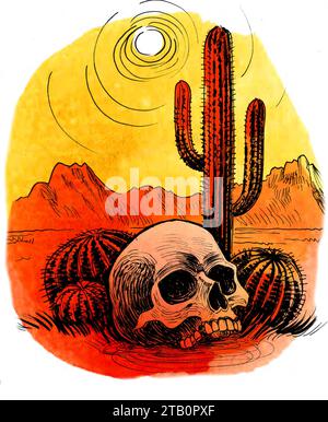 Human skeleton in the Mexican desert. Hand-drawn ink and watercolor sketch Stock Photo