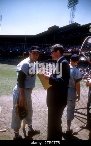 PITTSBURGH, PA - JULY 7:  Harmon Killebrew #3 of the Washington Senators and American League talks to a reporter during batting practice before the 1959 All-Star Game against the National League on July 7, 1959 at Forbes Field in Pittsburgh, Pennsylvania.  (Photo by Hy Peskin) *** Local Caption *** Harmon Killebrew Stock Photo