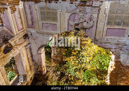 A crumbling wall of an abandoned manor house with ancient frescoes. Belkino Estate, Obninsk, Russia Stock Photo