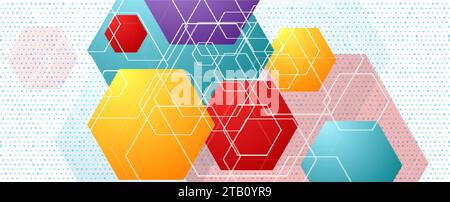 Colorful hexagons abstract geometric hi-tech background. Vector banner design Stock Vector
