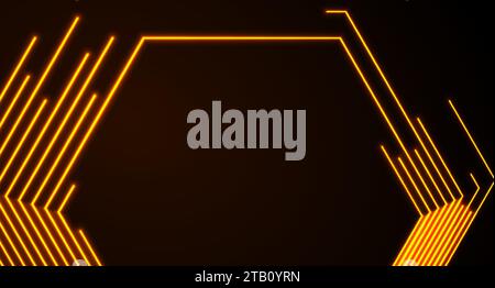 Bright orange neon laser lines concept illustration. Refracted hexagons geometric shape technology retro background. Glowing illumination futuristic v Stock Vector