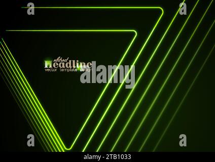 Green glowing neon triangles abstract tech background. Geometric vector design Stock Vector